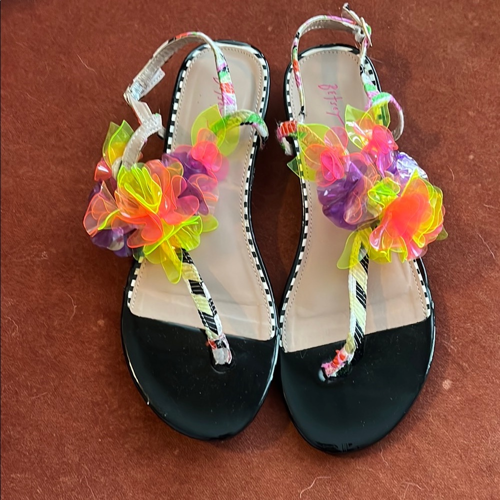 Betsey Johnson Black Sandals with Neon Floral Accents